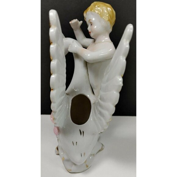 Vintage Ucagco Porcelain Cherub & Swan Figurine With Gold Accents Flower Vase - Picture 5 of 10